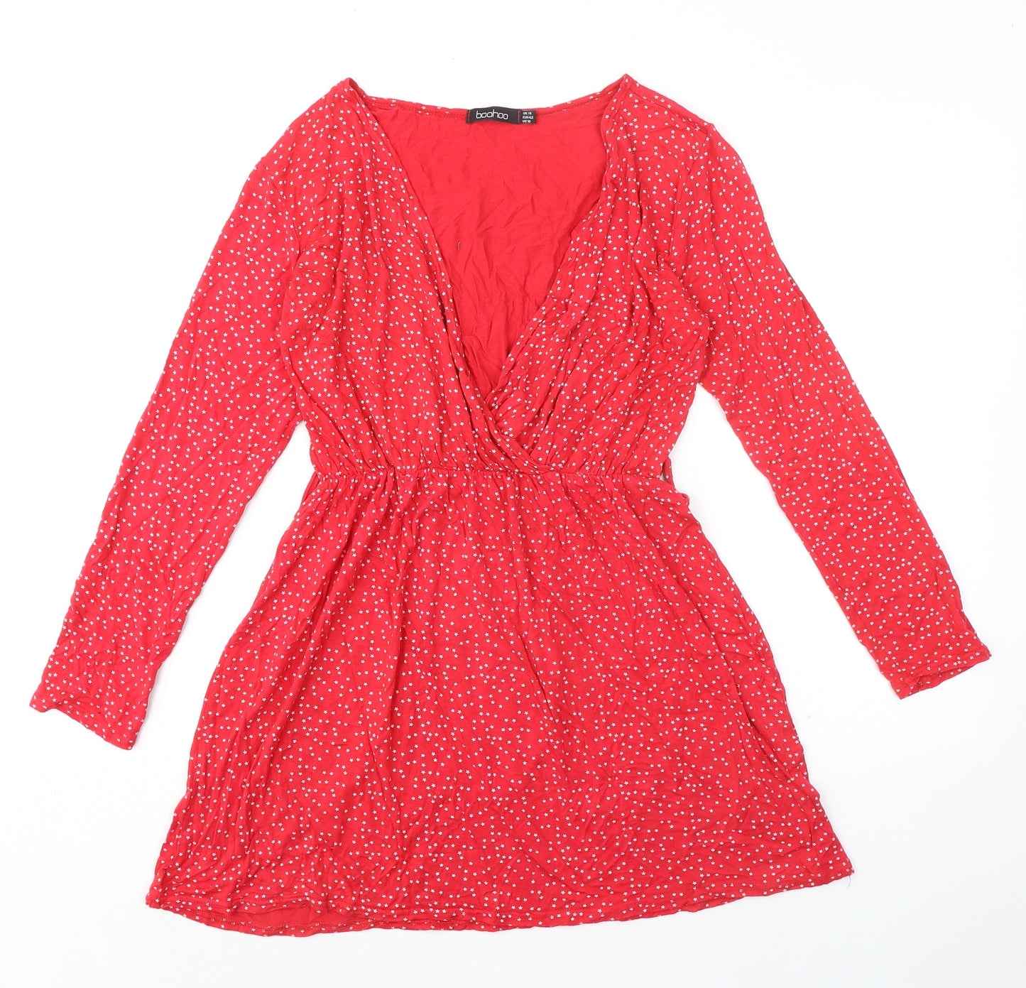 Boohoo Womens Red Geometric Polyester A-Line Size 14 V-Neck Pullover - Stars Print