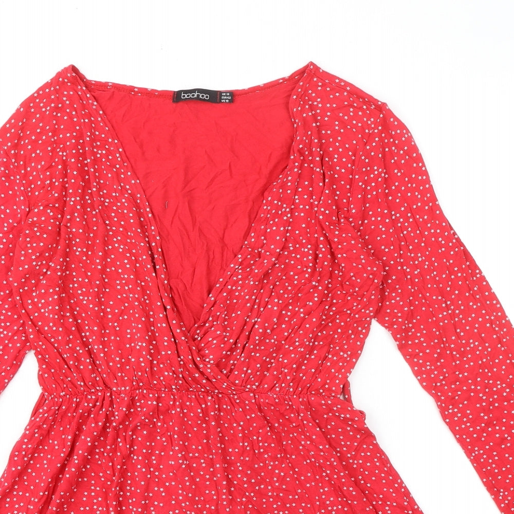 Boohoo Womens Red Geometric Polyester A-Line Size 14 V-Neck Pullover - Stars Print
