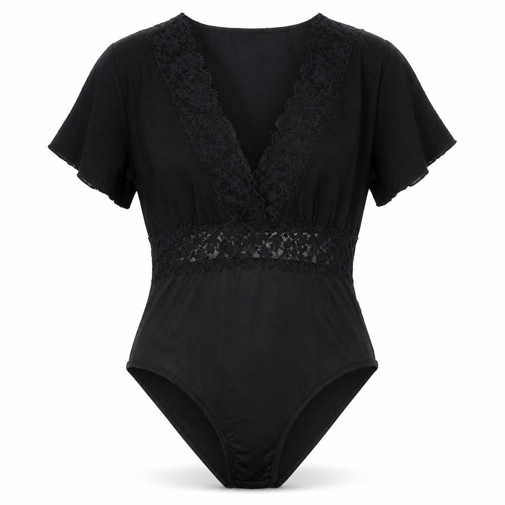 Front view of Greathe women’s black polyester bodysuit one-piece, size L, zip