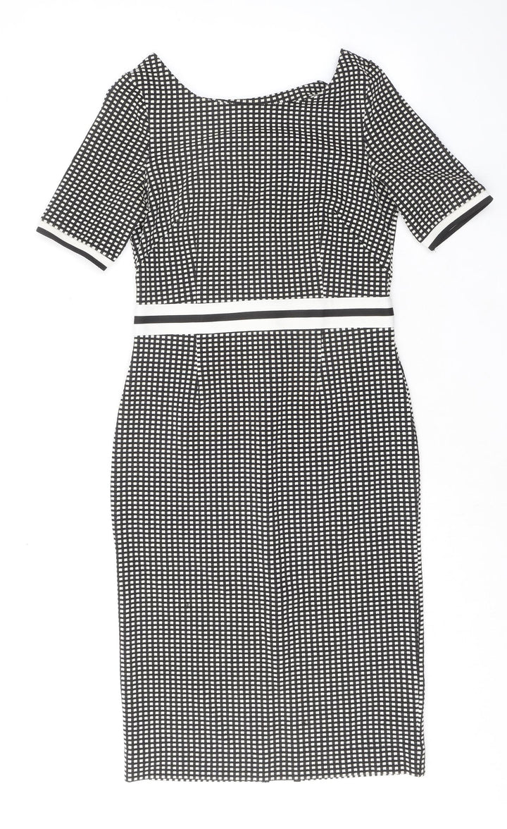 NEXT Womens Black Geometric Polyester Shift Size 8 Round Neck Zip