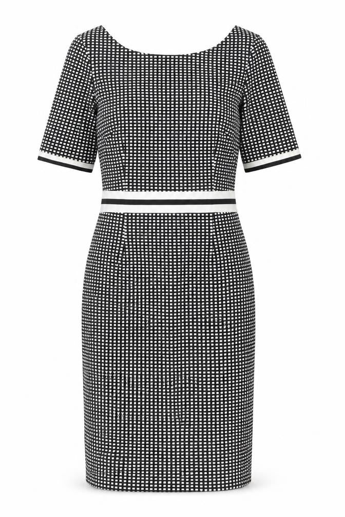 Front view of Next women’s black geometric polyester shift, size UK 8, round neck zip