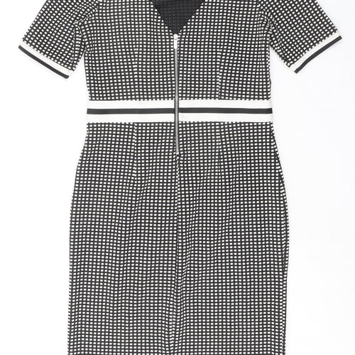 NEXT Womens Black Geometric Polyester Shift Size 8 Round Neck Zip