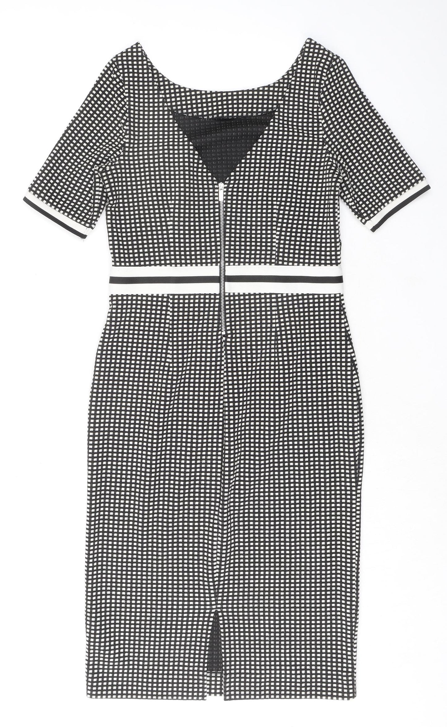 NEXT Womens Black Geometric Polyester Shift Size 8 Round Neck Zip