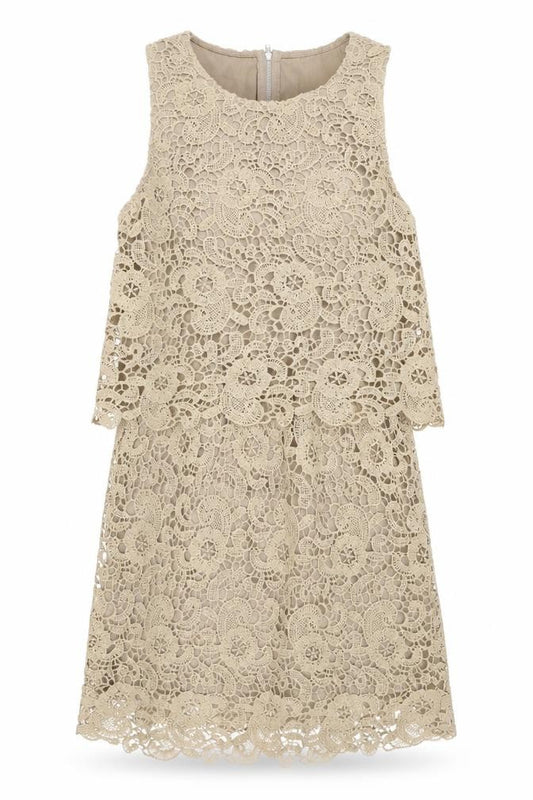 Front view of Rebellion women’s beige floral polyester shift, size M, round neck zip