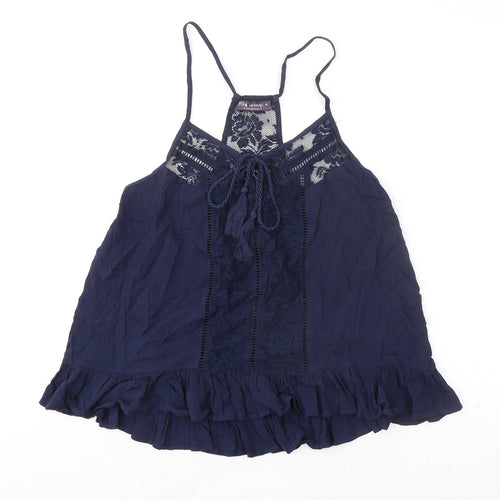 FG4 London Womens Blue Cotton Basic Tank Size S Round Neck - Lace Details