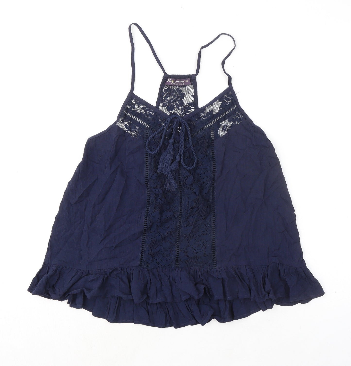 FG4 London Womens Blue Cotton Basic Tank Size S Round Neck - Lace Details