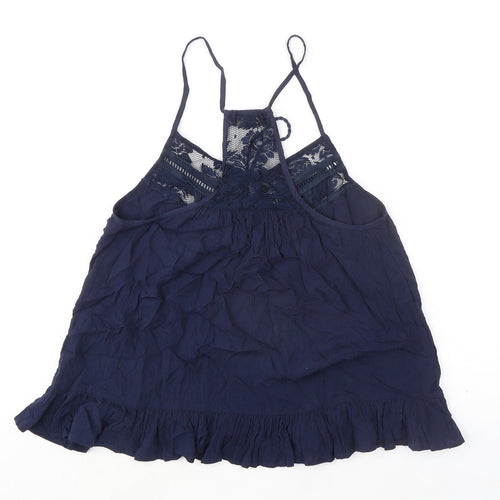 FG4 London Womens Blue Cotton Basic Tank Size S Round Neck - Lace Details