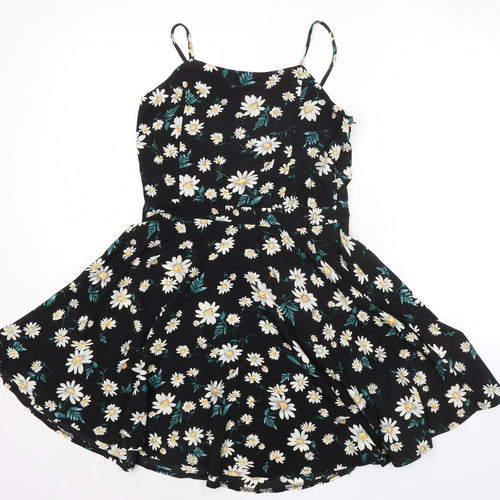 Boohoo Womens Black Floral Polyester Fit & Flare Size 12 Round Neck Zip