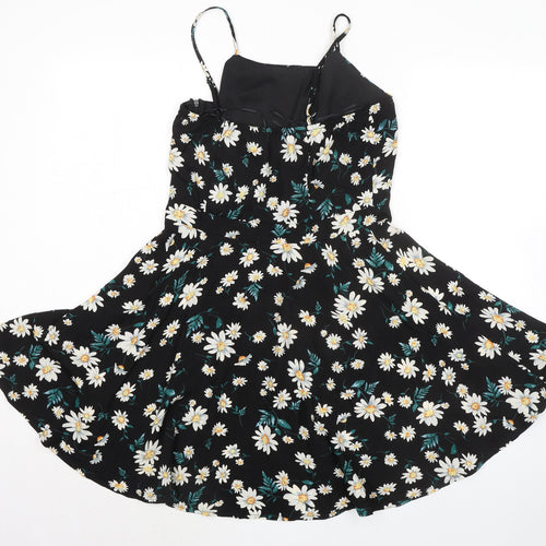 Boohoo Womens Black Floral Polyester Fit & Flare Size 12 Round Neck Zip