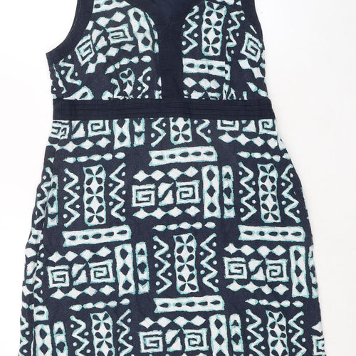 Debenhams Womens Blue Geometric Linen Shift Size 16 V-Neck Zip