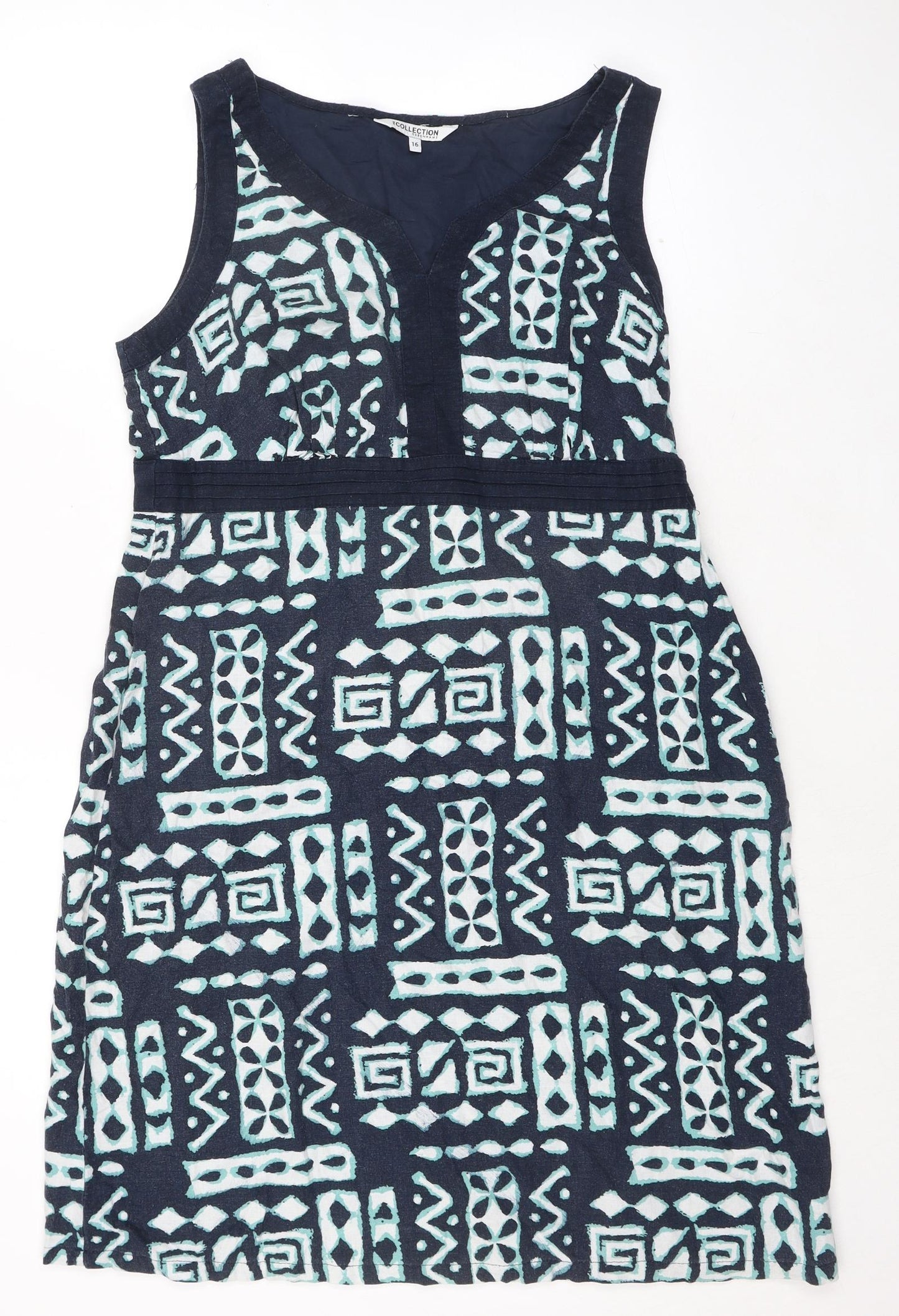 Debenhams Womens Blue Geometric Linen Shift Size 16 V-Neck Zip