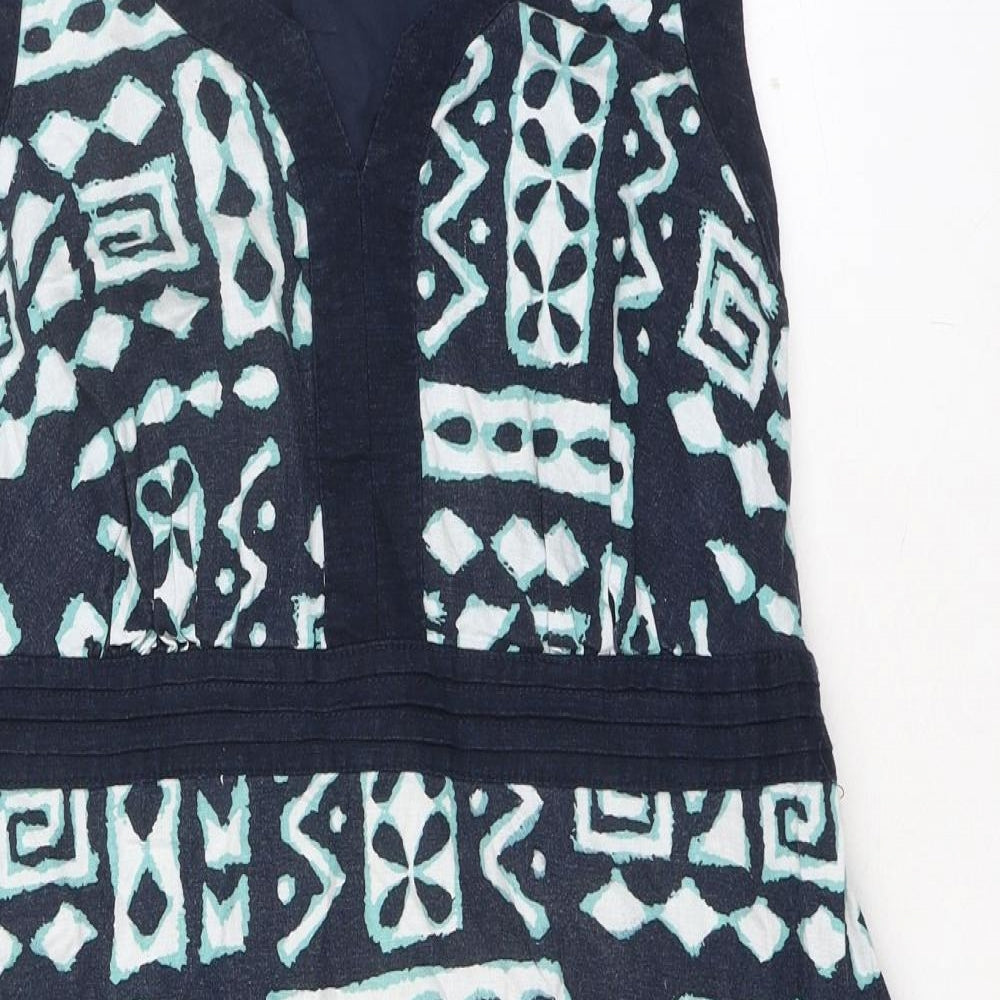 Debenhams Womens Blue Geometric Linen Shift Size 16 V-Neck Zip