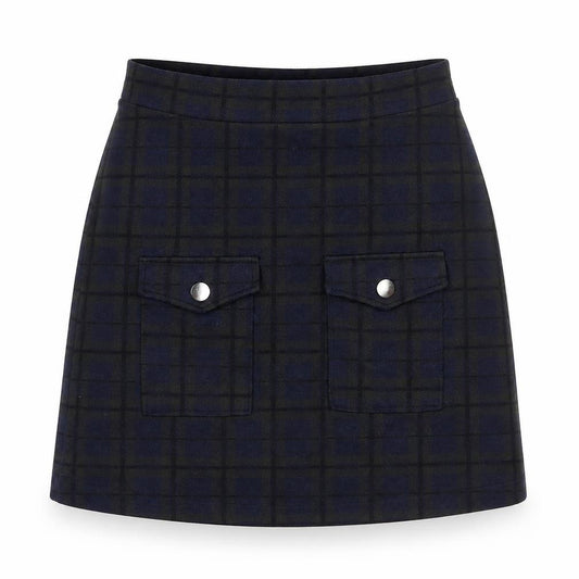 Front view of Next women’s blue plaid cotton a-line skirt, size UK 8