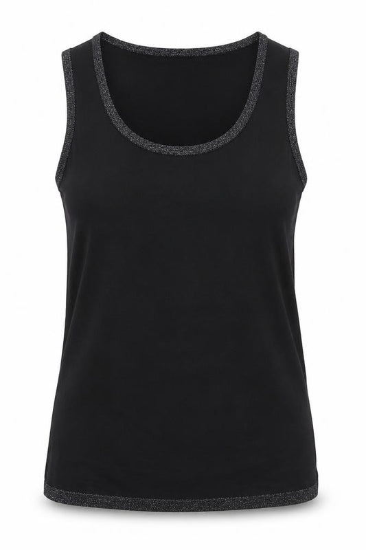 Front view of TCM women’s black viscose basic tank, size UK 10, scoop neck -, size UK 10-12