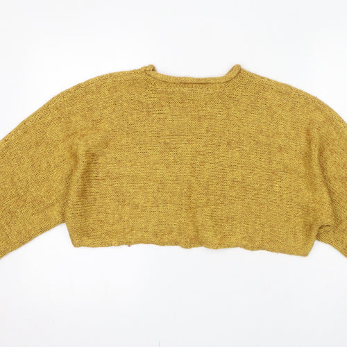 Topshop Womens Yellow Colourblock Acrylic Cropped Button-Up Size 10 Cowl Neck