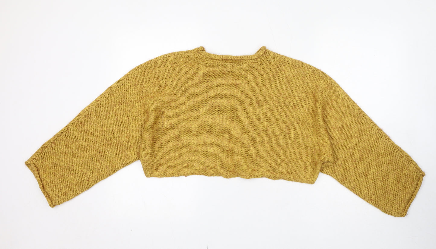 Topshop Womens Yellow Colourblock Acrylic Cropped Button-Up Size 10 Cowl Neck