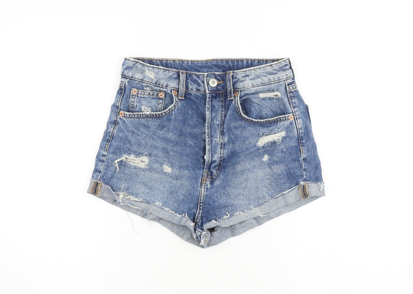 H&M Womens Blue 100% Cotton Hot Pants Shorts Size 8 Regular Button - Distressed