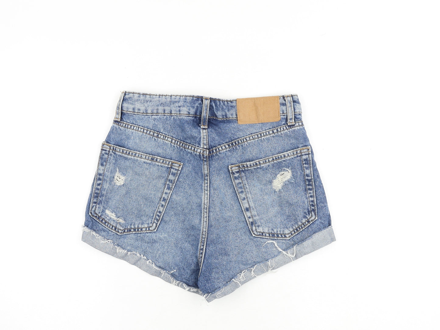 H&M Womens Blue 100% Cotton Hot Pants Shorts Size 8 Regular Button - Distressed