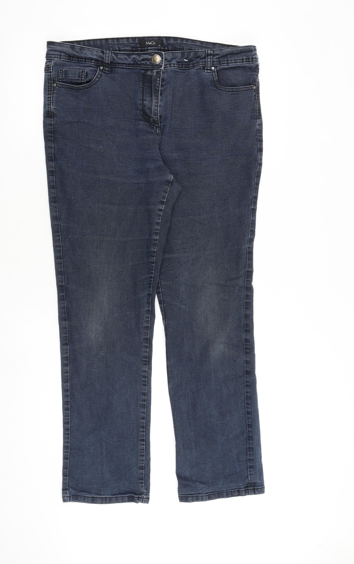 M&Co Womens Blue Cotton Straight Jeans Size 14 L29 in Regular Zip