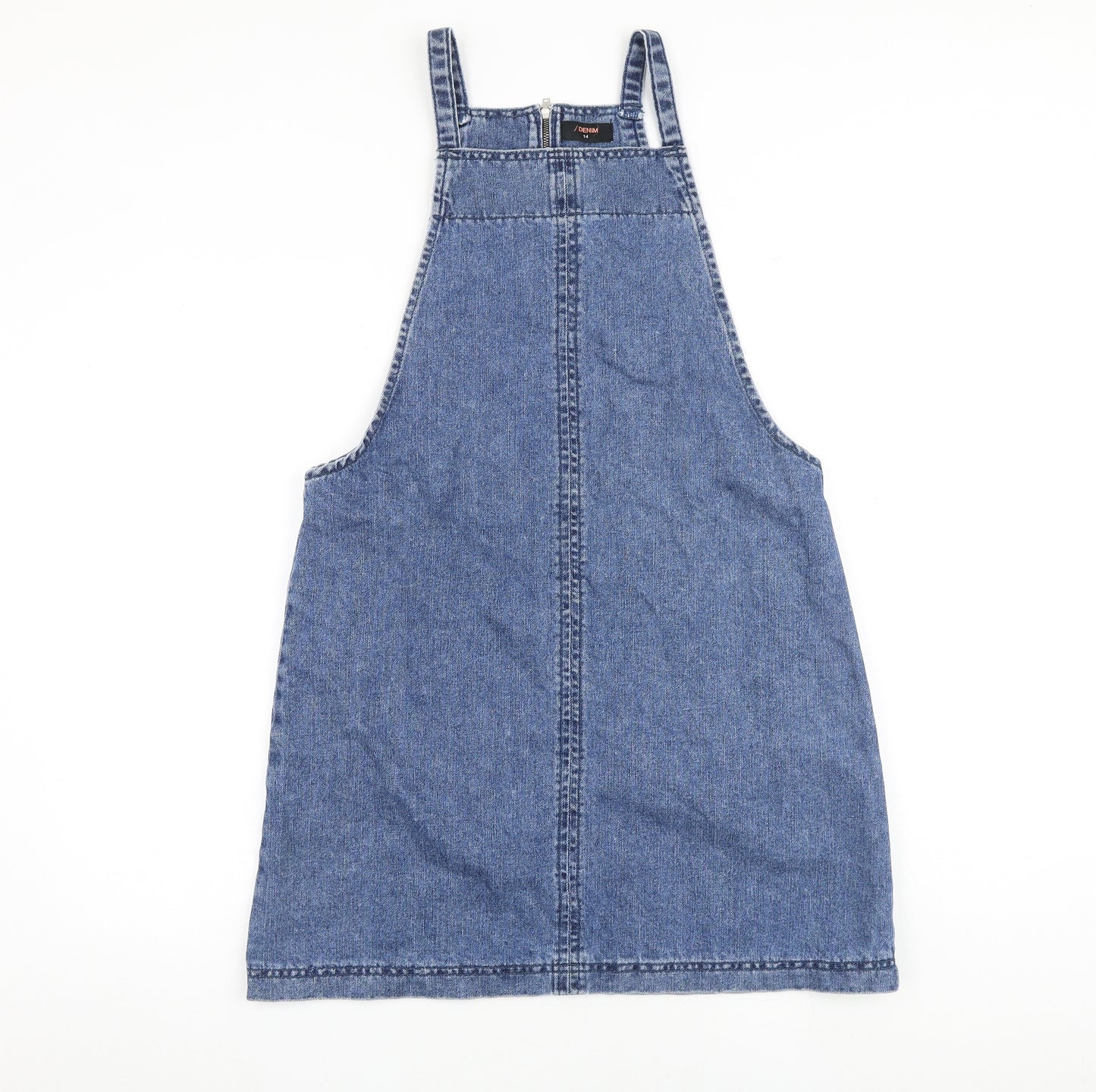 /Denim Womens Blue 100% Cotton Pinafore/Dungaree Dress Size 14 Square Neck Zip