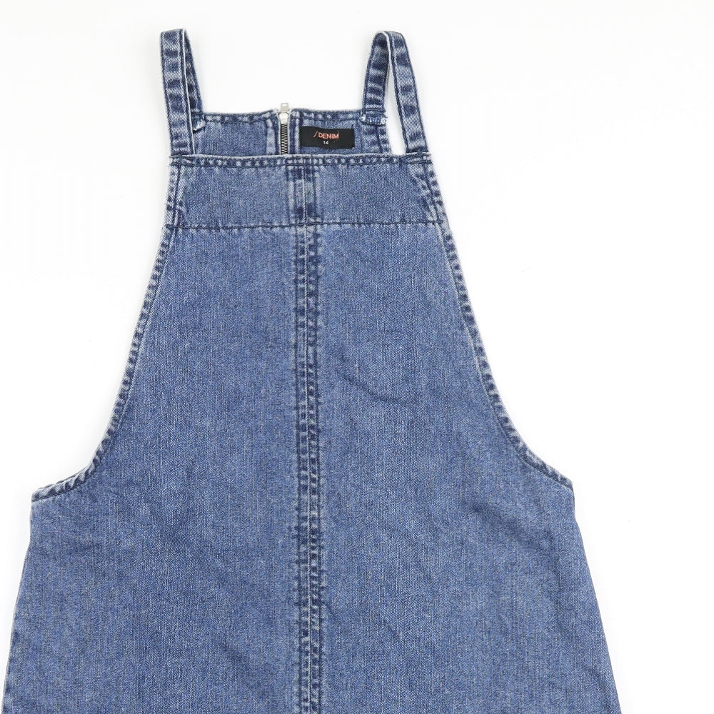 /Denim Womens Blue 100% Cotton Pinafore/Dungaree Dress Size 14 Square Neck Zip