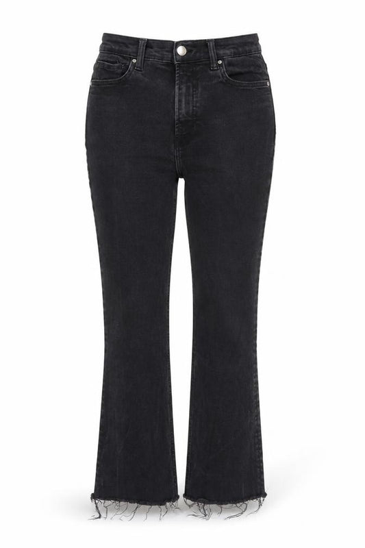 Front view of Mango women’s black cotton bootcut jeans, size UK 12, 23-inch leg regular zip - raw hem
