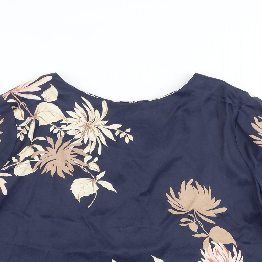 Autograph Womens Blue Floral Viscose Basic Blouse Size 14 Round Neck