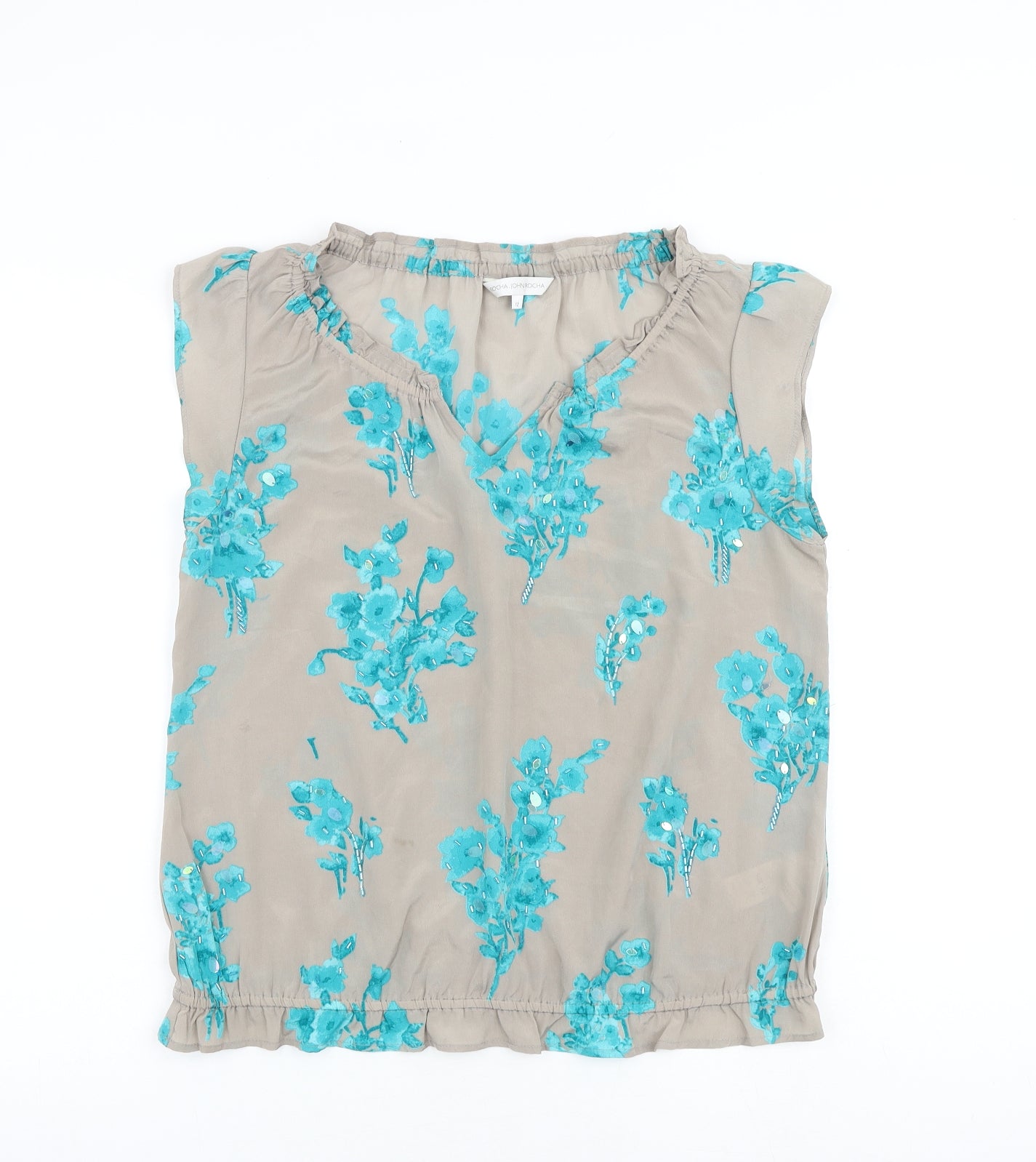 John Rocha Womens Grey Floral Polyester Basic Blouse Size 12 V-Neck