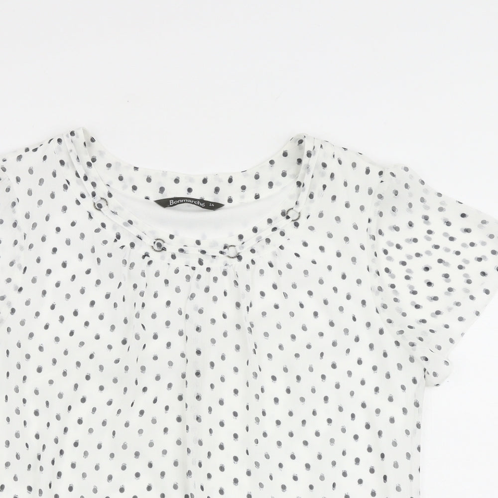 Bonmarché Womens White Polka Dot Polyester Basic Blouse Size 14 Round Neck