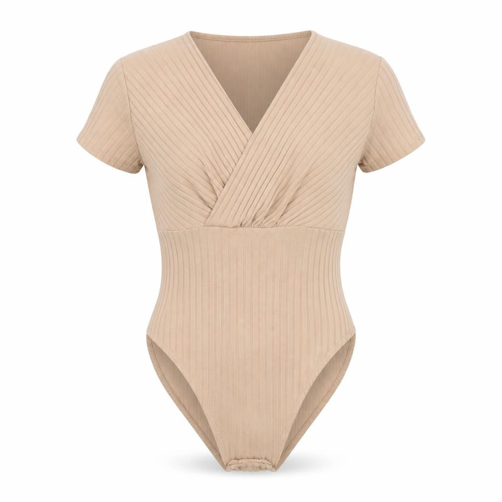 Front view of Quiz women’s beige polyester playsuit one-piece, size UK 8, button - ribbed