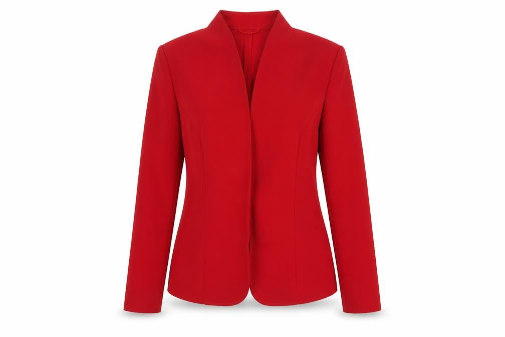 Front view of Vera Mont women’s red jacket blazer, size UK 14, hook & eye