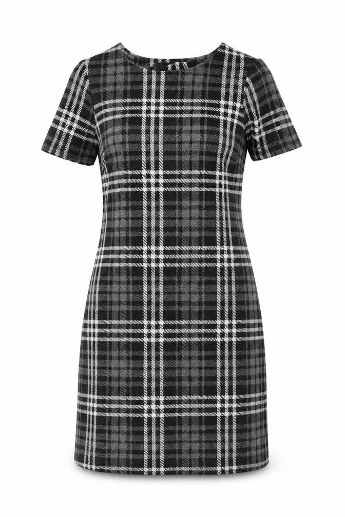 Front view of ET VOUS women’s black plaid polyester a-line, size UK 10, round neck pullover