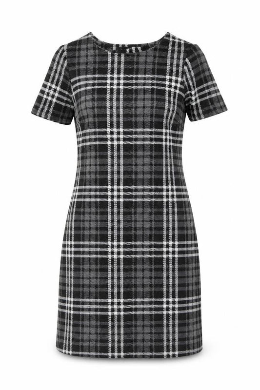 Front view of ET VOUS women’s black plaid polyester a-line, size UK 10, round neck pullover