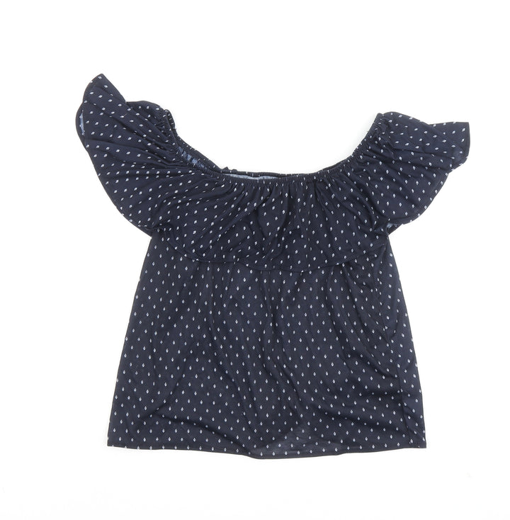 H&M Womens Blue Geometric Polyester Basic Blouse Size S Boat Neck