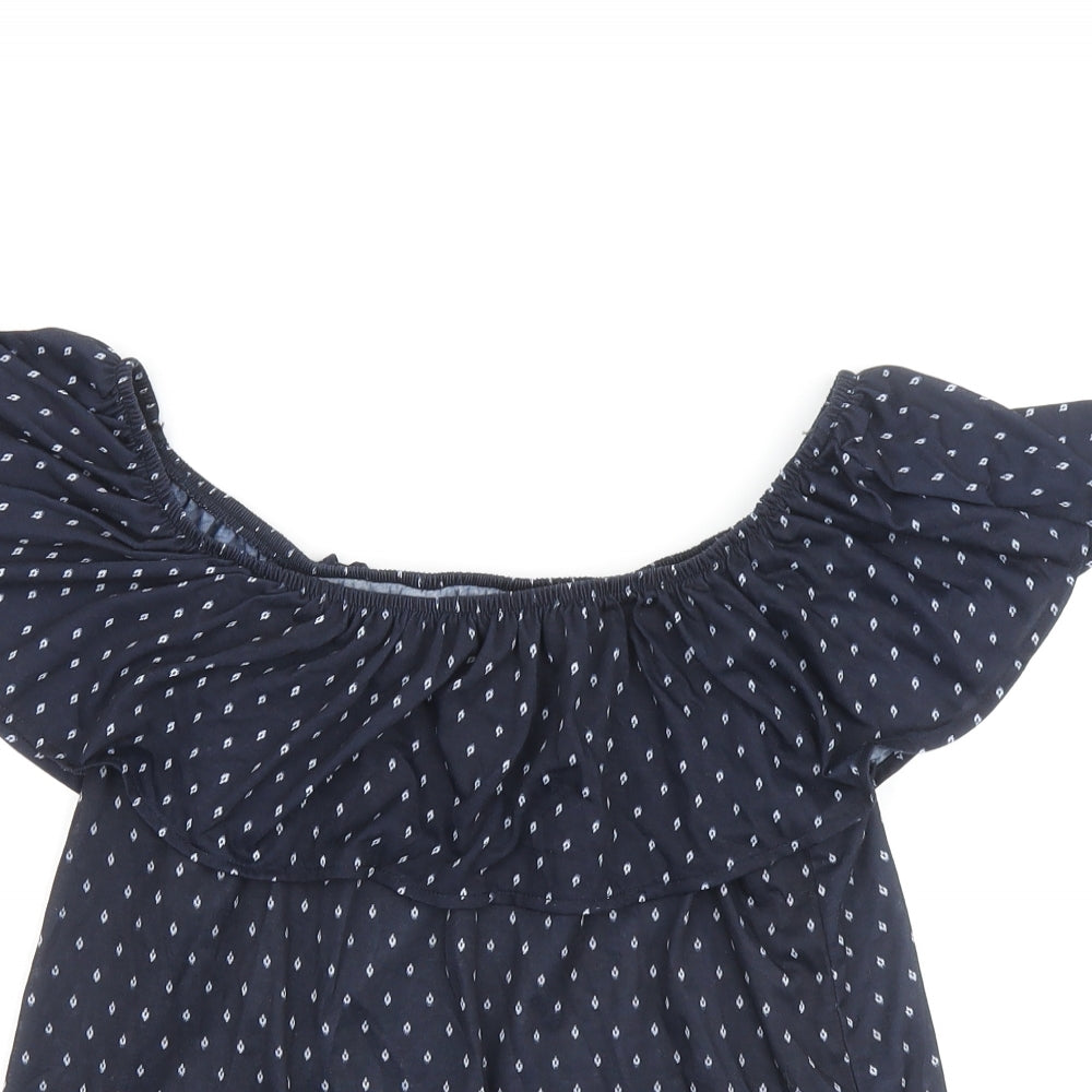 H&M Womens Blue Geometric Polyester Basic Blouse Size S Boat Neck