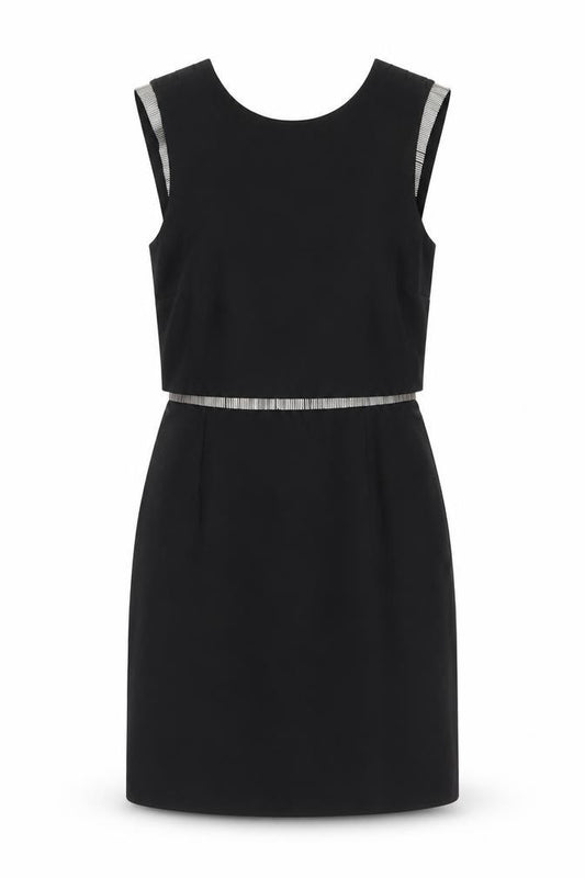 Front view of Warehouse women’s black polyester a-line, size UK 8, round neck zip