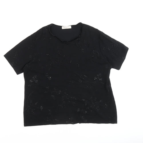 Bonmarché Womens Black Floral Viscose Basic T-Shirt Size XL Crew Neck - Embellished