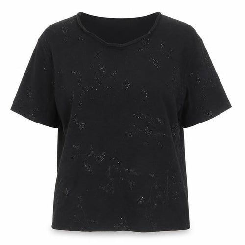 Bonmarché Womens Black Floral Viscose Basic T-Shirt Size XL Crew Neck - Embellished