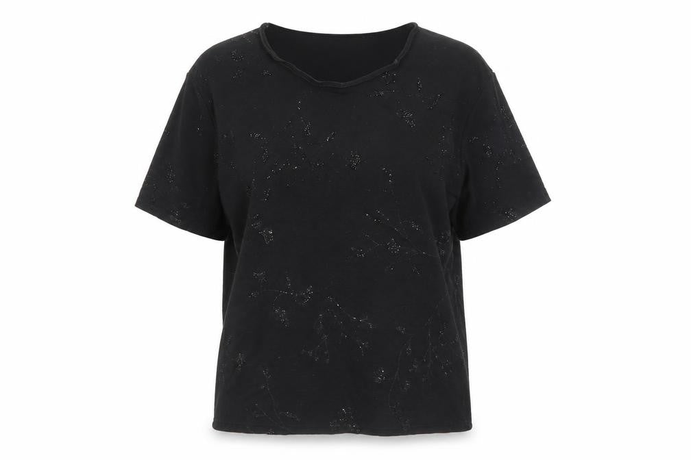 Bonmarché Womens Black Floral Viscose Basic T-Shirt Size XL Crew Neck - Embellished