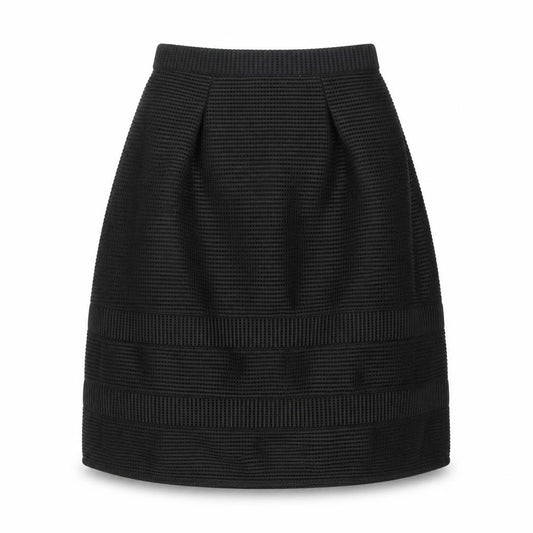 Front view of Warehouse women’s black striped polyester tulip skirt, size UK 10, zip
