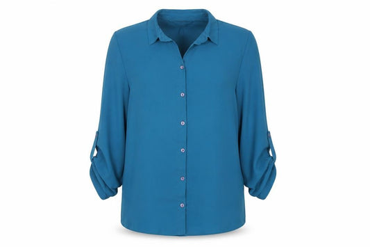Front view of Dorothy Perkins women’s blue polyester basic button-up, size UK 10, collared