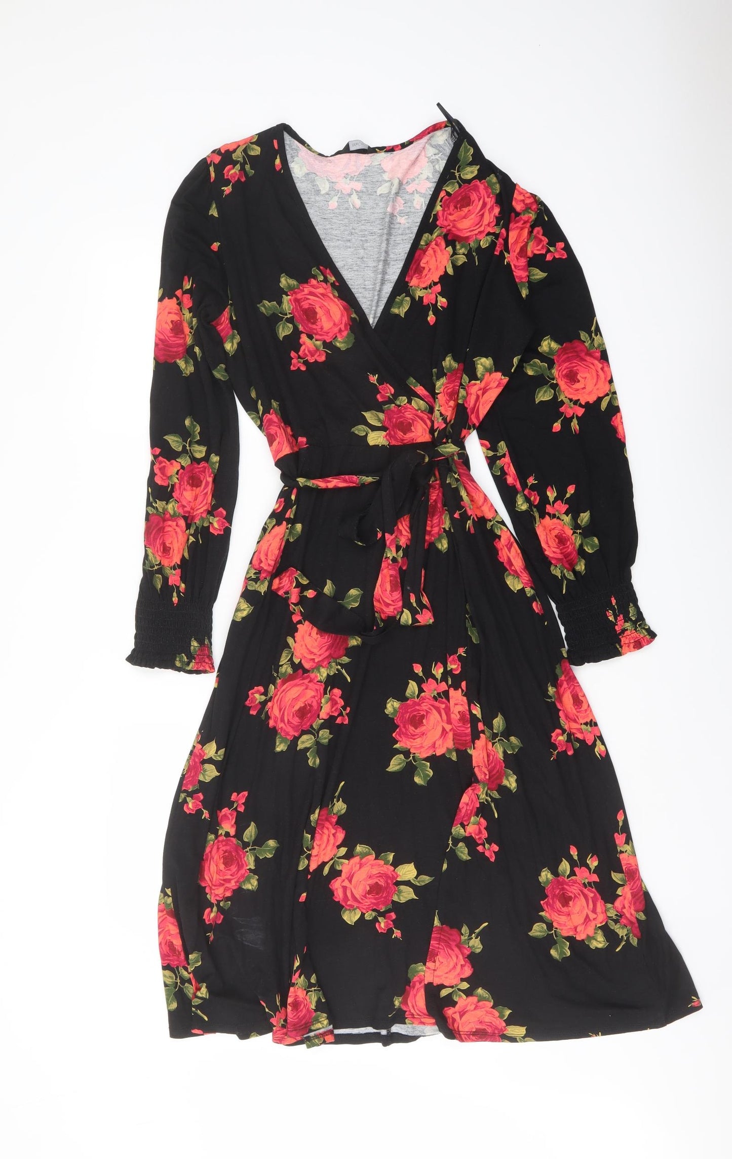 M&Co Womens Black Floral Viscose A-Line Size 14 V-Neck Pullover