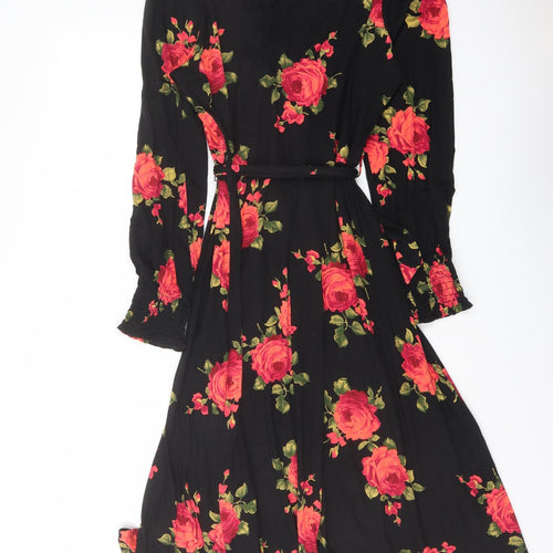 M&Co Womens Black Floral Viscose A-Line Size 14 V-Neck Pullover