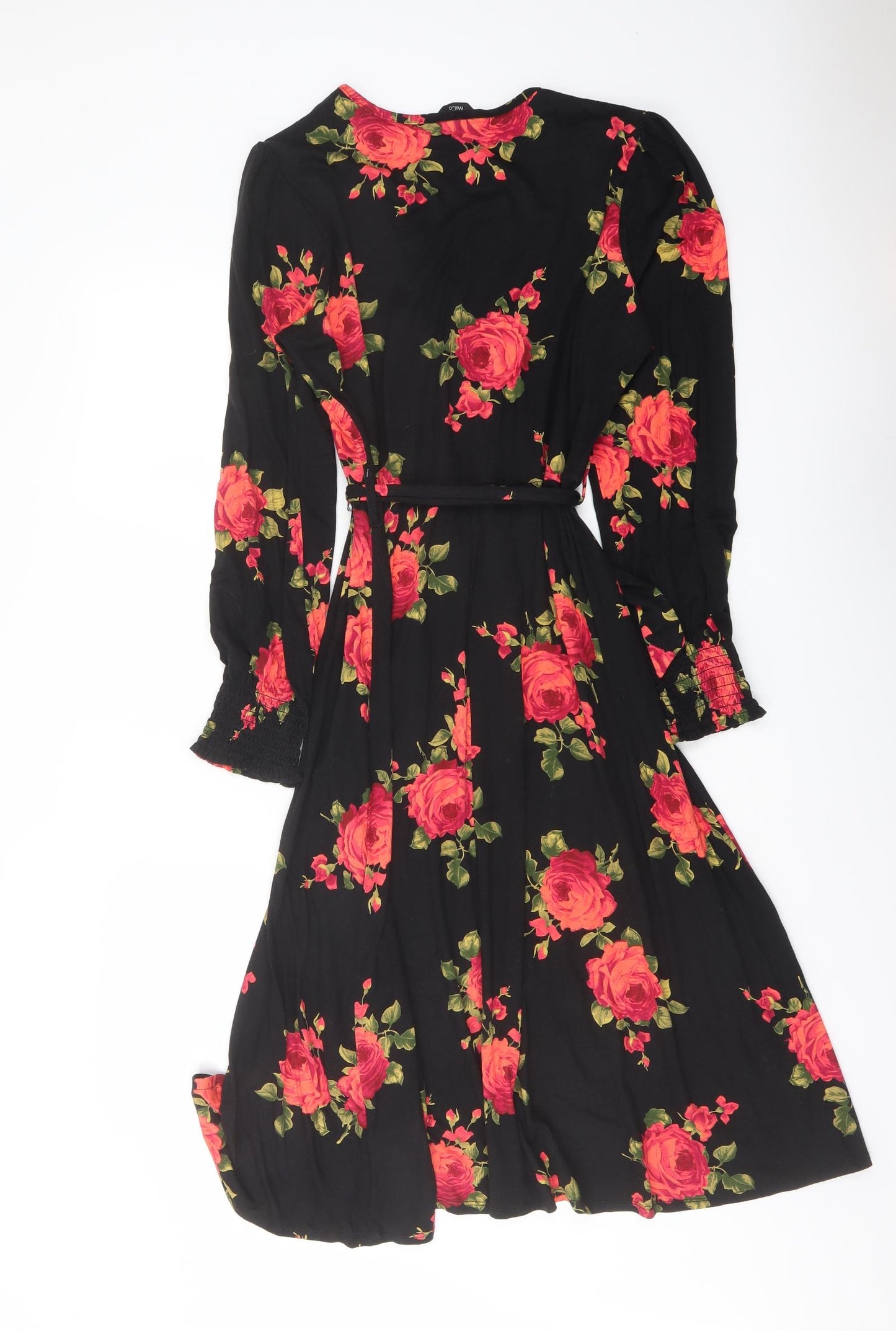 M&Co Womens Black Floral Viscose A-Line Size 14 V-Neck Pullover