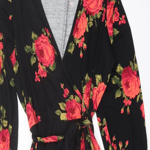 M&Co Womens Black Floral Viscose A-Line Size 14 V-Neck Pullover