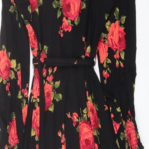M&Co Womens Black Floral Viscose A-Line Size 14 V-Neck Pullover