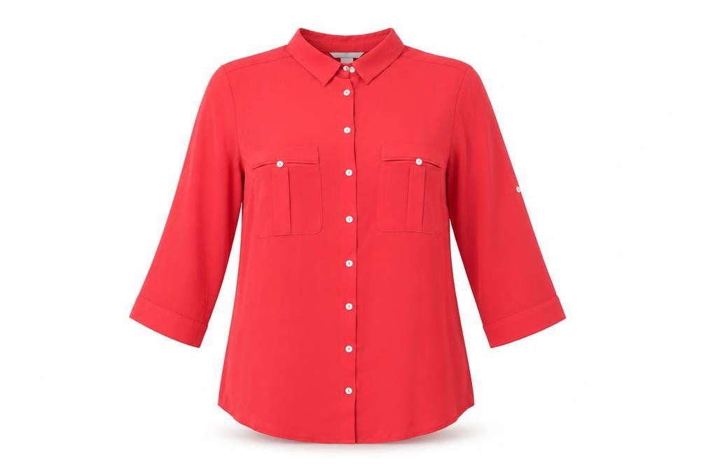 Front view of H&M women’s pink polyester basic button-up, size UK 12, collared