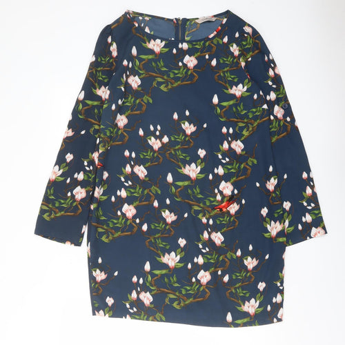 Dailing Womens Blue Floral Polyester A-Line Size M Round Neck Zip