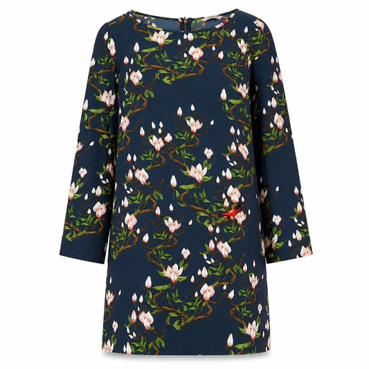 Front view of Dailing women’s blue floral polyester a-line, size M, round neck zip