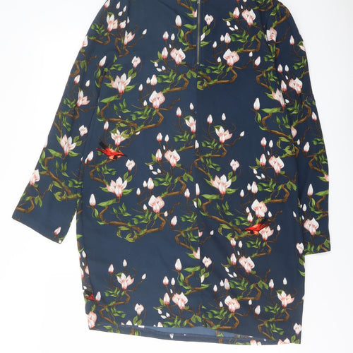 Dailing Womens Blue Floral Polyester A-Line Size M Round Neck Zip